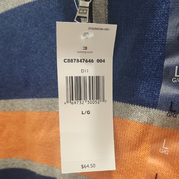 Tommy Hilfiger Men's Zip-Up Gray Sweater with Blue and Orange Stripes Large - Picture 3 of 17